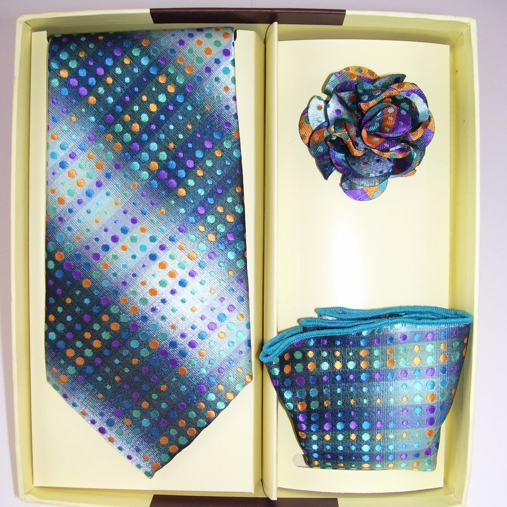 St. Patrick Blue Polkadot Necktie Hanky Flower Set